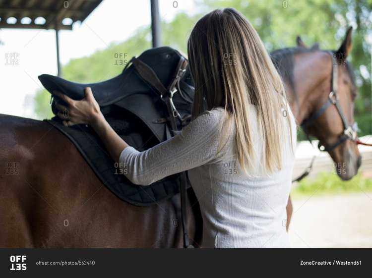 Блондинка верхом на лошади со спины