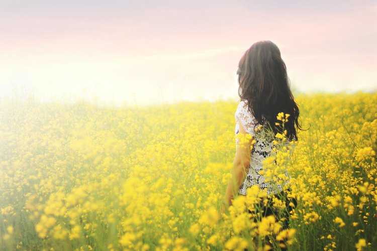 Брюнетка в цветах в поле