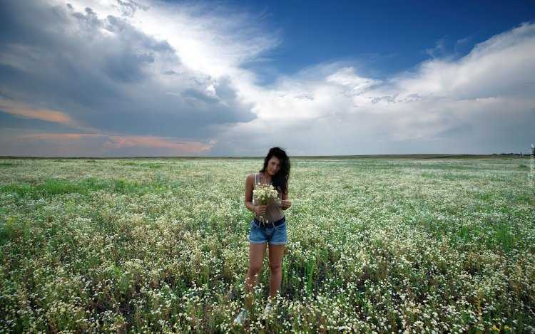 Брюнетка в поле с ромашками