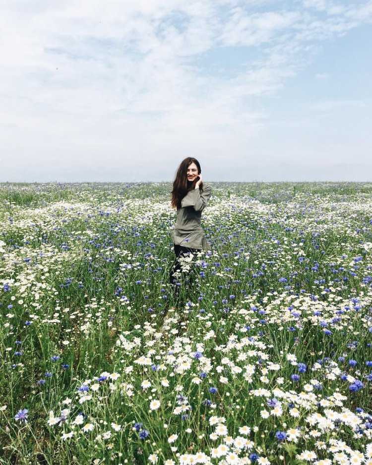 Брюнетка в поле с ромашками