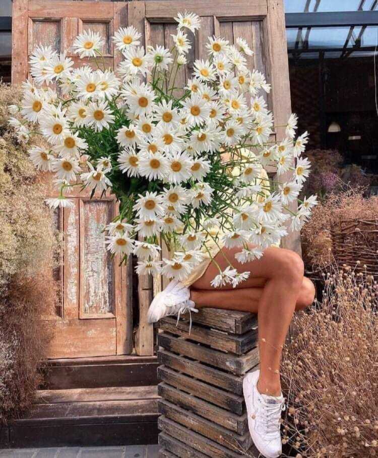 Блондинка с букетом ромашек в постели