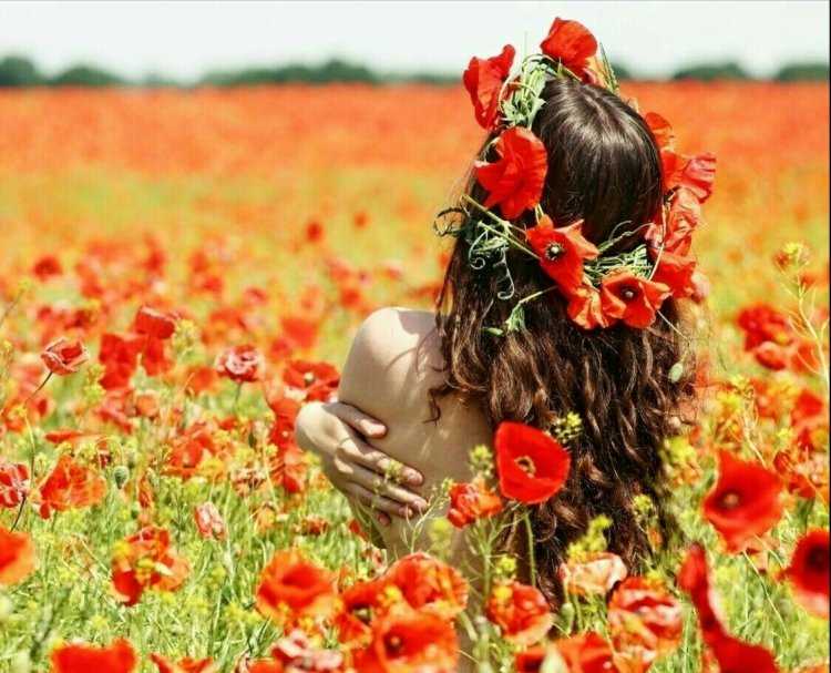 Девушка в поле с цветами сзади