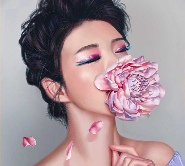 Девушка с цветами арт