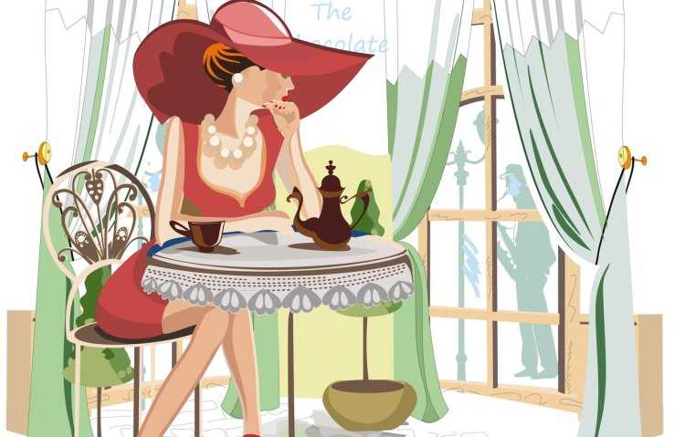 Нарисованная девушка в кафе