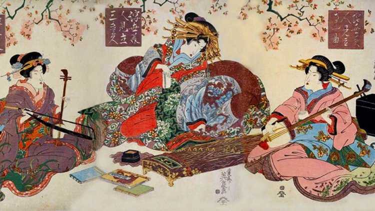 Гравюра японская с музыкальными инструментами