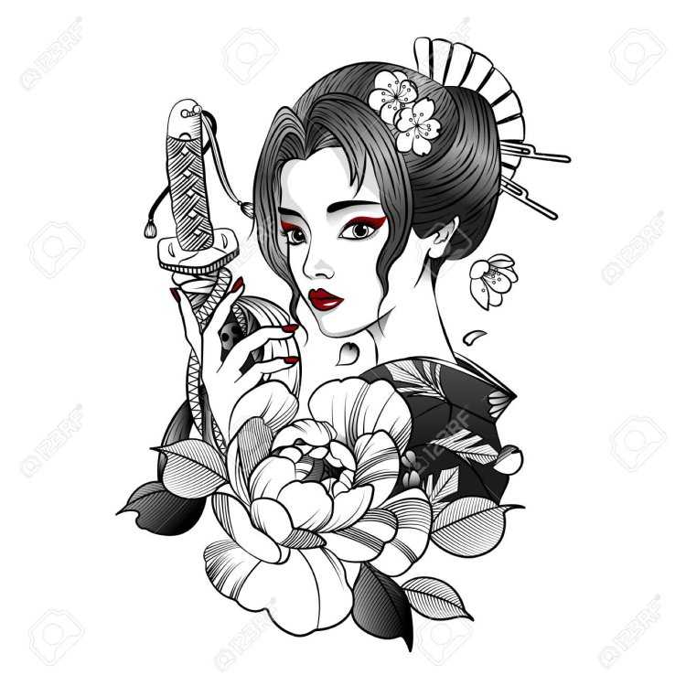 Эскиз тату гейша с мечом