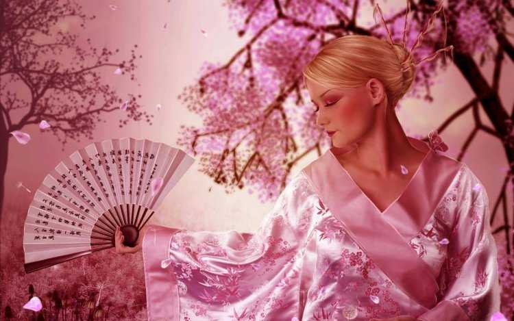 Япония Сакура гейша с веером