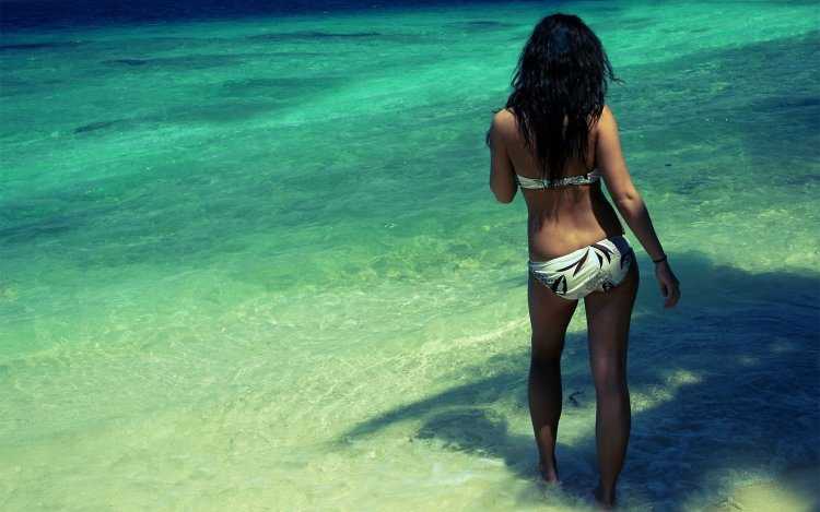 Красивая брюнетка со спины у моря11