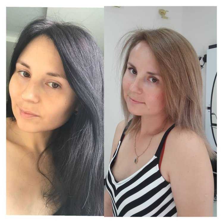 Обесцвечивание темных волос до и после