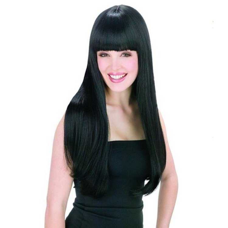 Длинные черные волосы с челкой