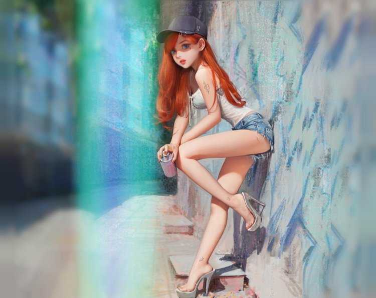 Рыжая девушка в шортиках