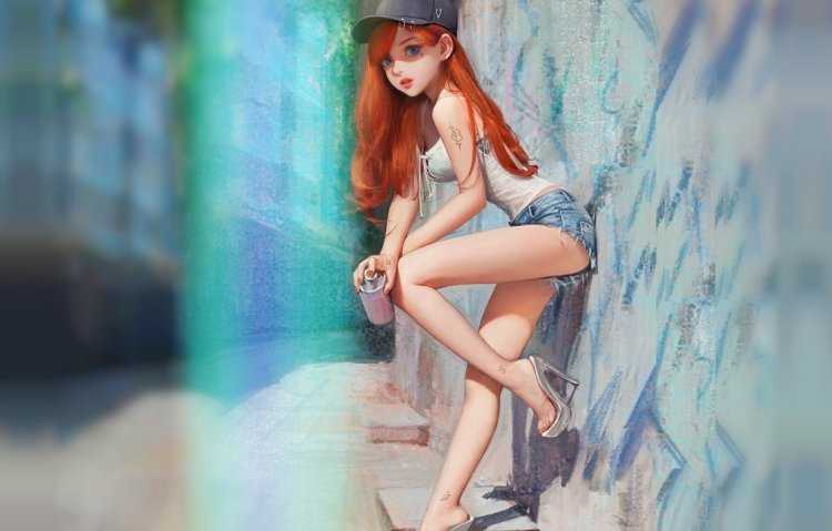 Рыжая девушка в шортиках