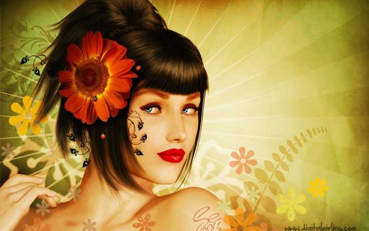 Красивая девушка лицо с розой в волосах рисунок