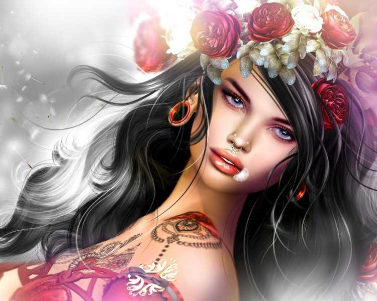 Девушка с цветком в волосах рисунок