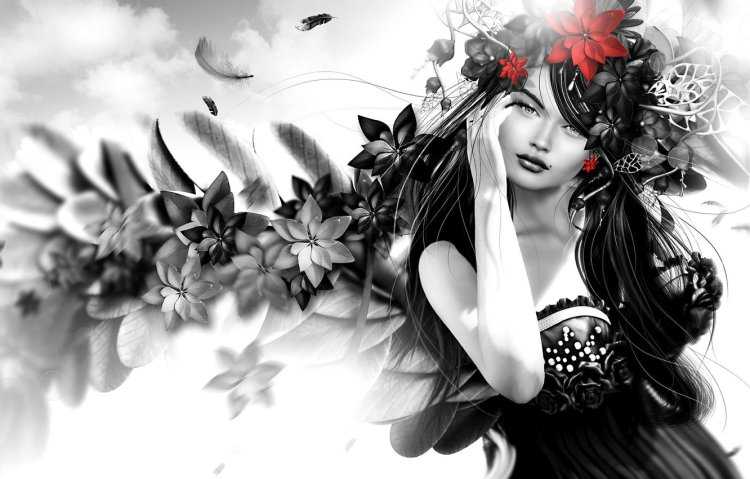 Девушка и цветы черно белое