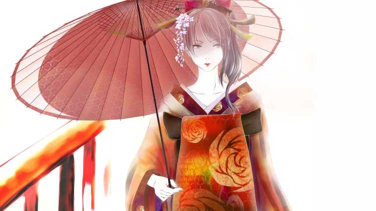 Девушка в кимоно с зонтиком